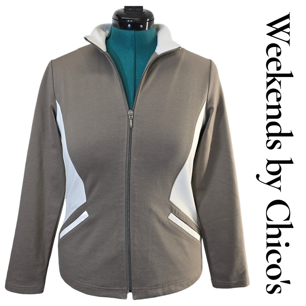 Chicos Weekends Track Jacket Womens 0 XS Gray White Zip Up Mock Neck Athleisure